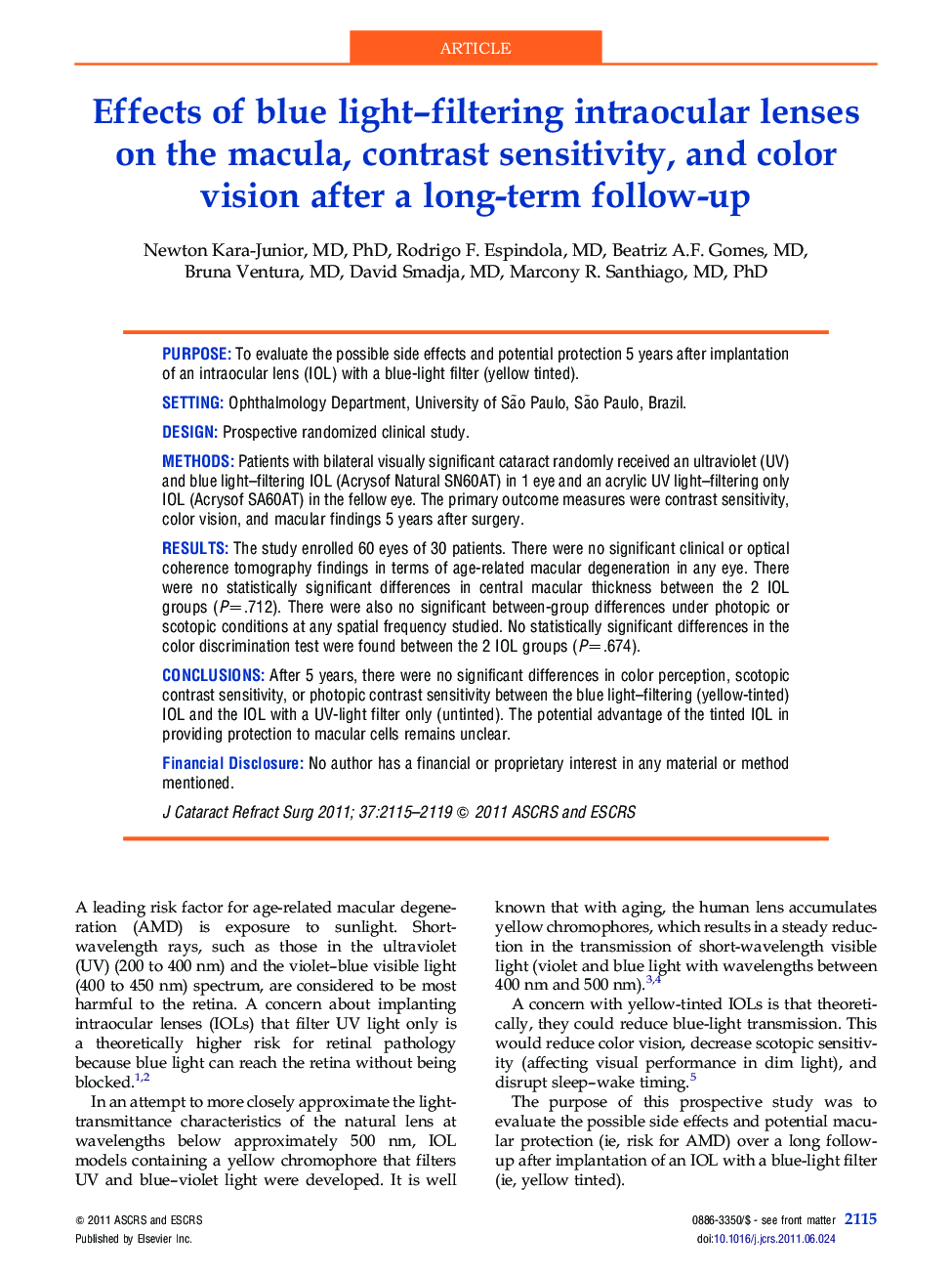 Effects of blue light–filtering intraocular lenses on the macula, contrast sensitivity, and color vision after a long-term follow-up