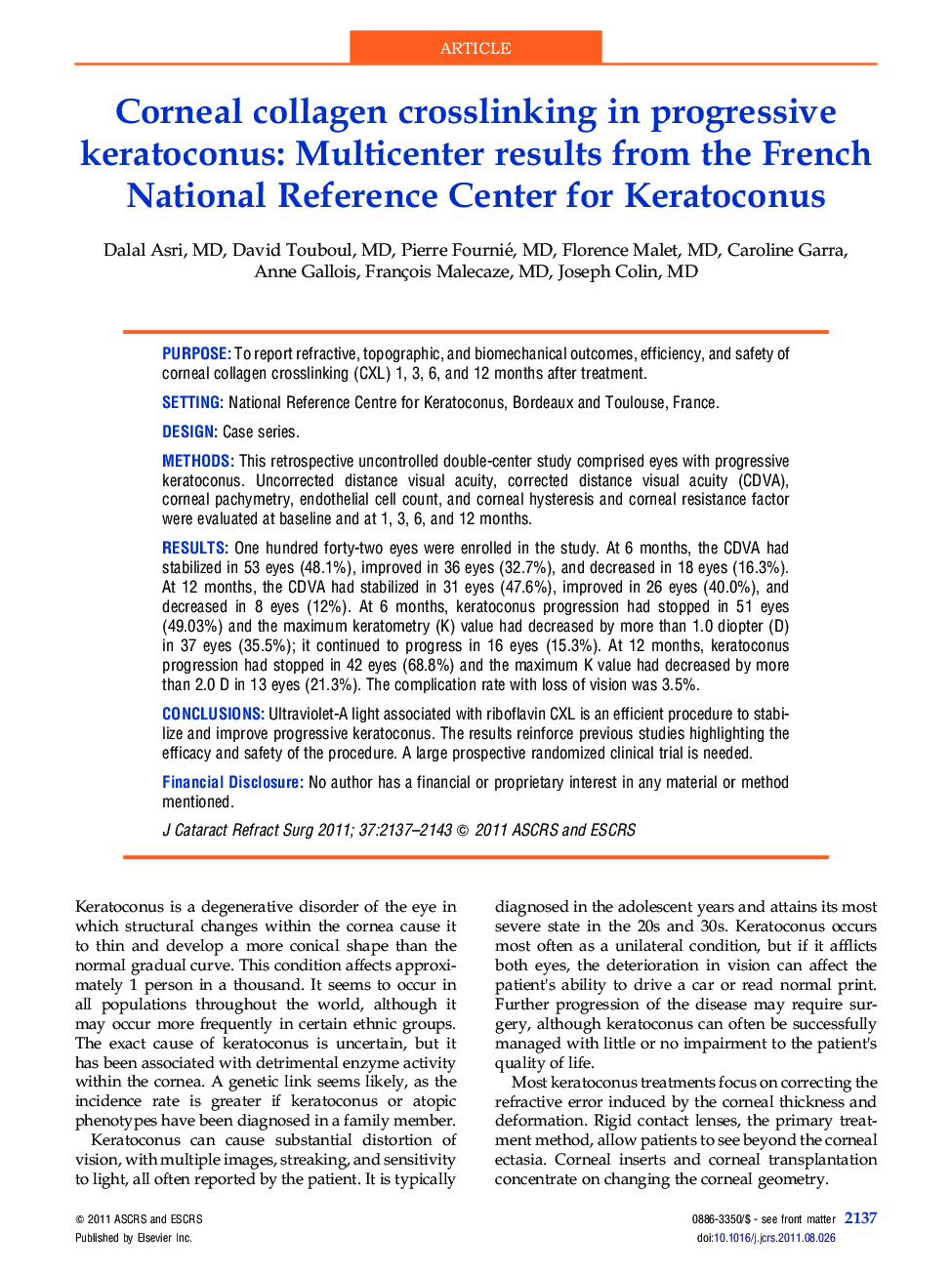 Corneal collagen crosslinking in progressive keratoconus: Multicenter results from the French National Reference Center for Keratoconus