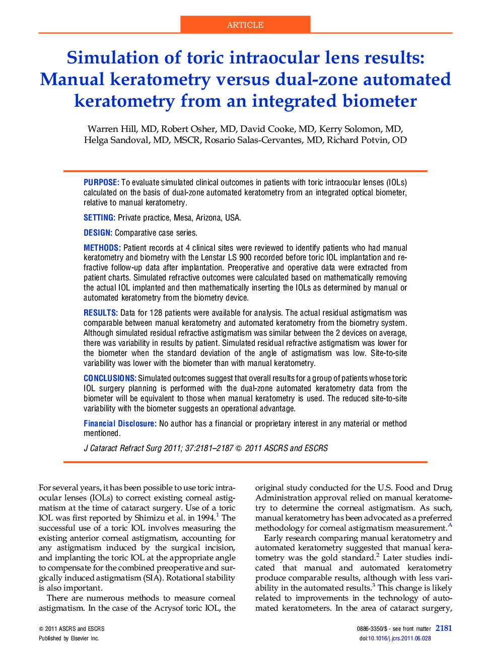 Simulation of toric intraocular lens results: Manual keratometry versus dual-zone automated keratometry from an integrated biometer