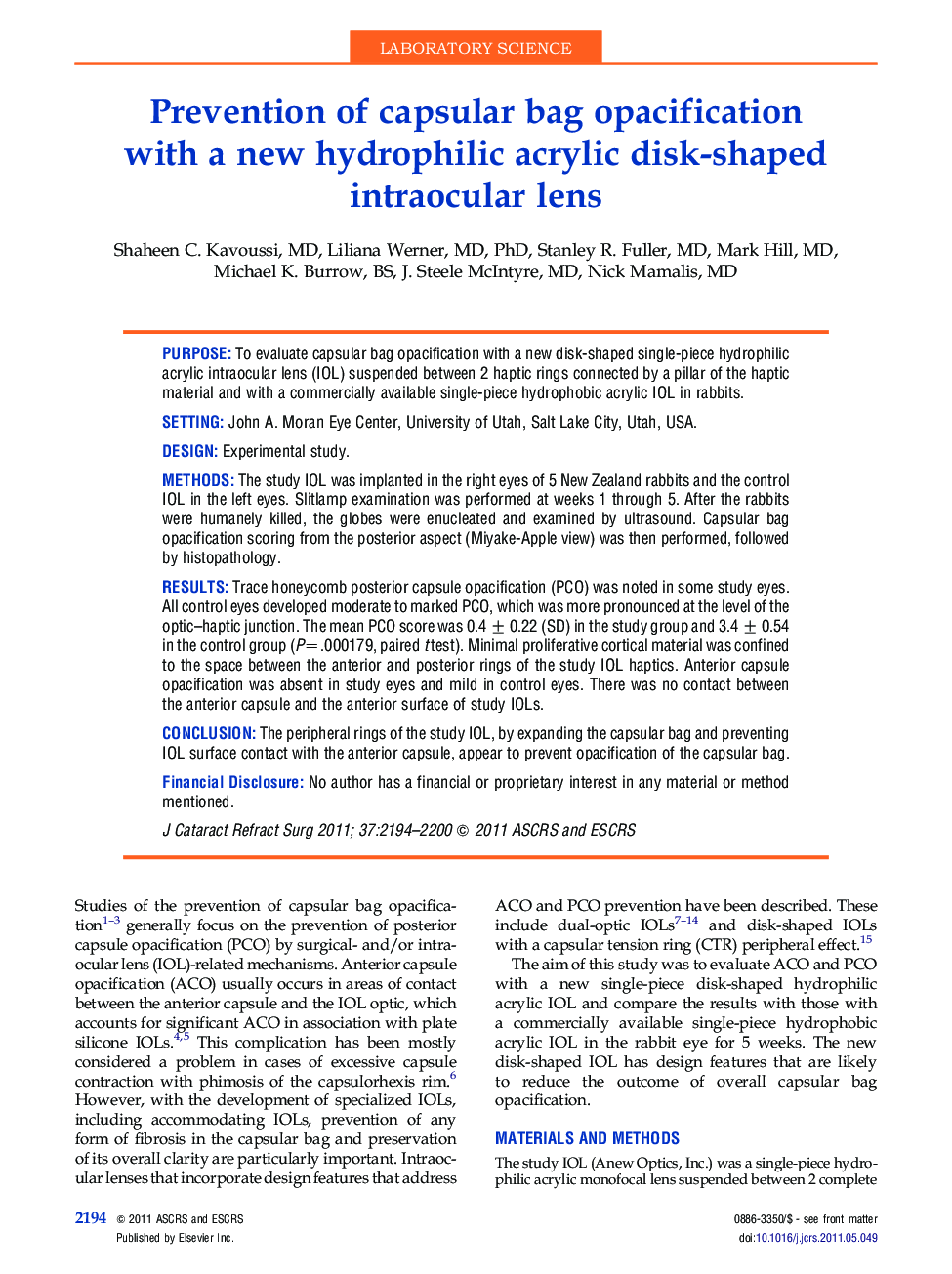 Prevention of capsular bag opacification with a new hydrophilic acrylic disk-shaped intraocular lens