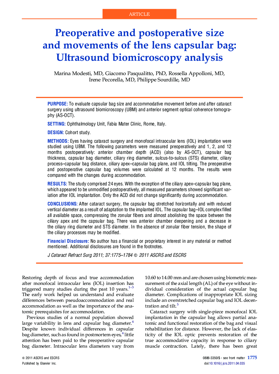 Preoperative and postoperative size and movements of the lens capsular bag: Ultrasound biomicroscopy analysis