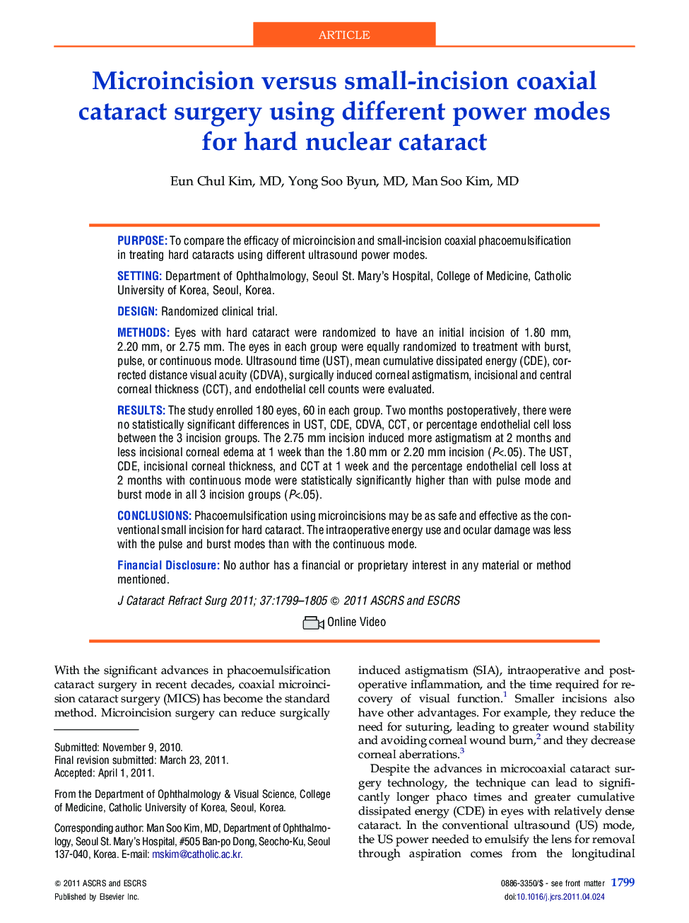 Microincision versus small-incision coaxial cataract surgery using different power modes for hard nuclear cataract