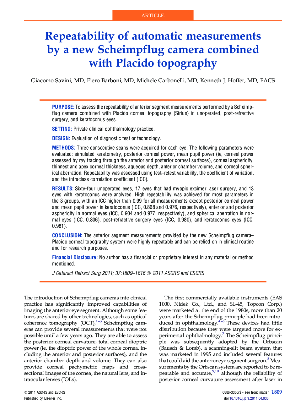 Repeatability of automatic measurements by a new Scheimpflug camera combined with Placido topography