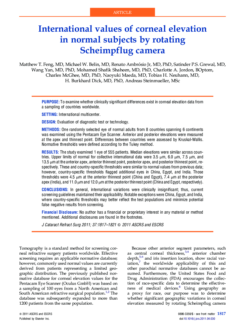 International values of corneal elevation in normal subjects by rotating Scheimpflug camera