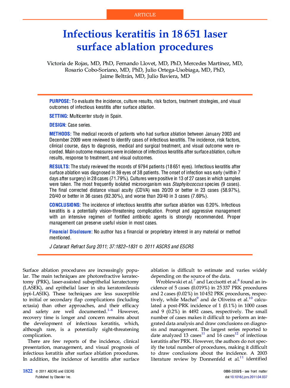 Infectious keratitis in 18â651 laser surface ablation procedures