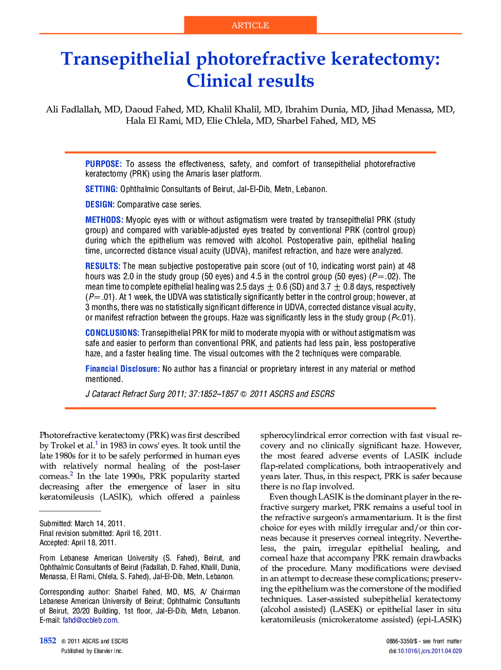 Transepithelial photorefractive keratectomy: Clinical results