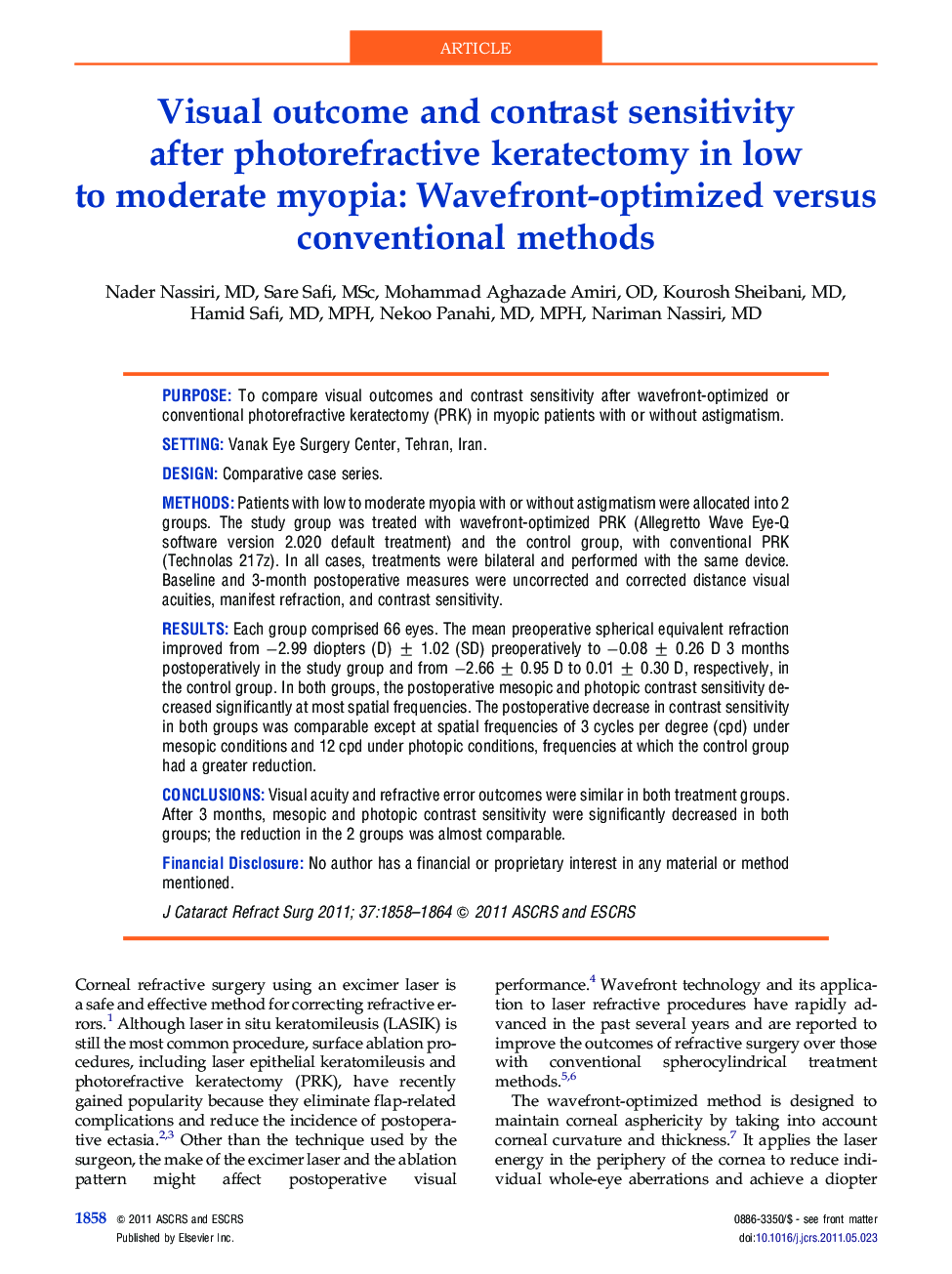 Visual outcome and contrast sensitivity after photorefractive keratectomy in low to moderate myopia: Wavefront-optimized versus conventional methods 