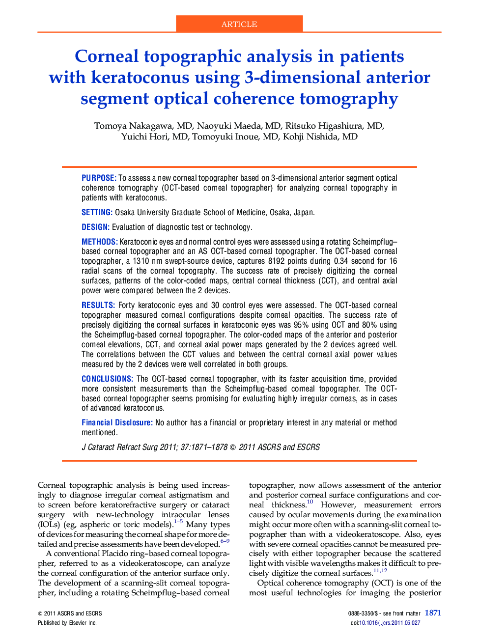 Corneal topographic analysis in patients with keratoconus using 3-dimensional anterior segment optical coherence tomography