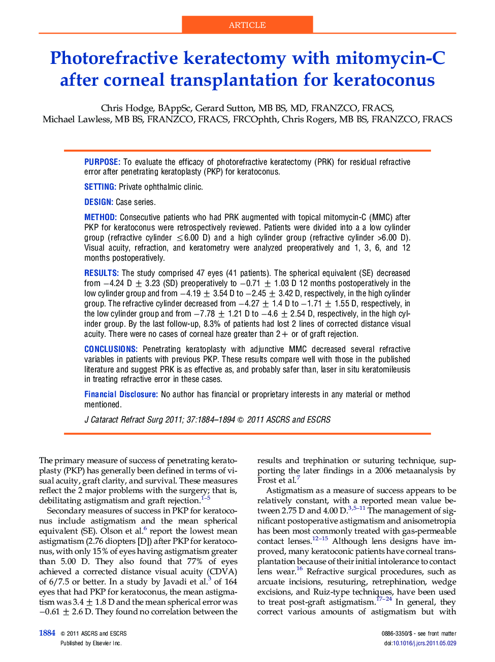 Photorefractive keratectomy with mitomycin-C after corneal transplantation for keratoconus