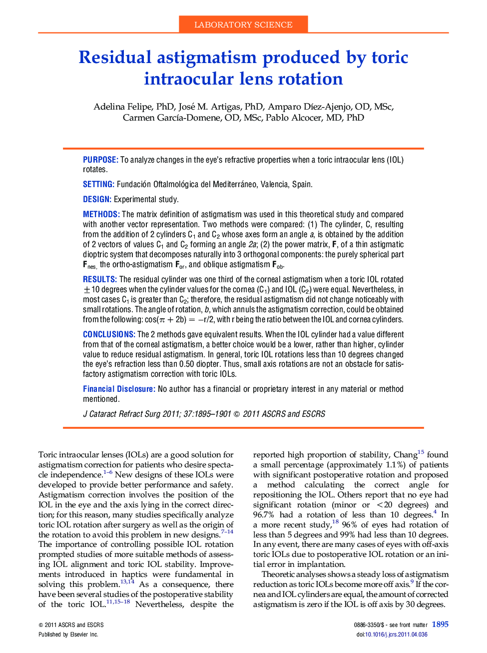 Residual astigmatism produced by toric intraocular lens rotation