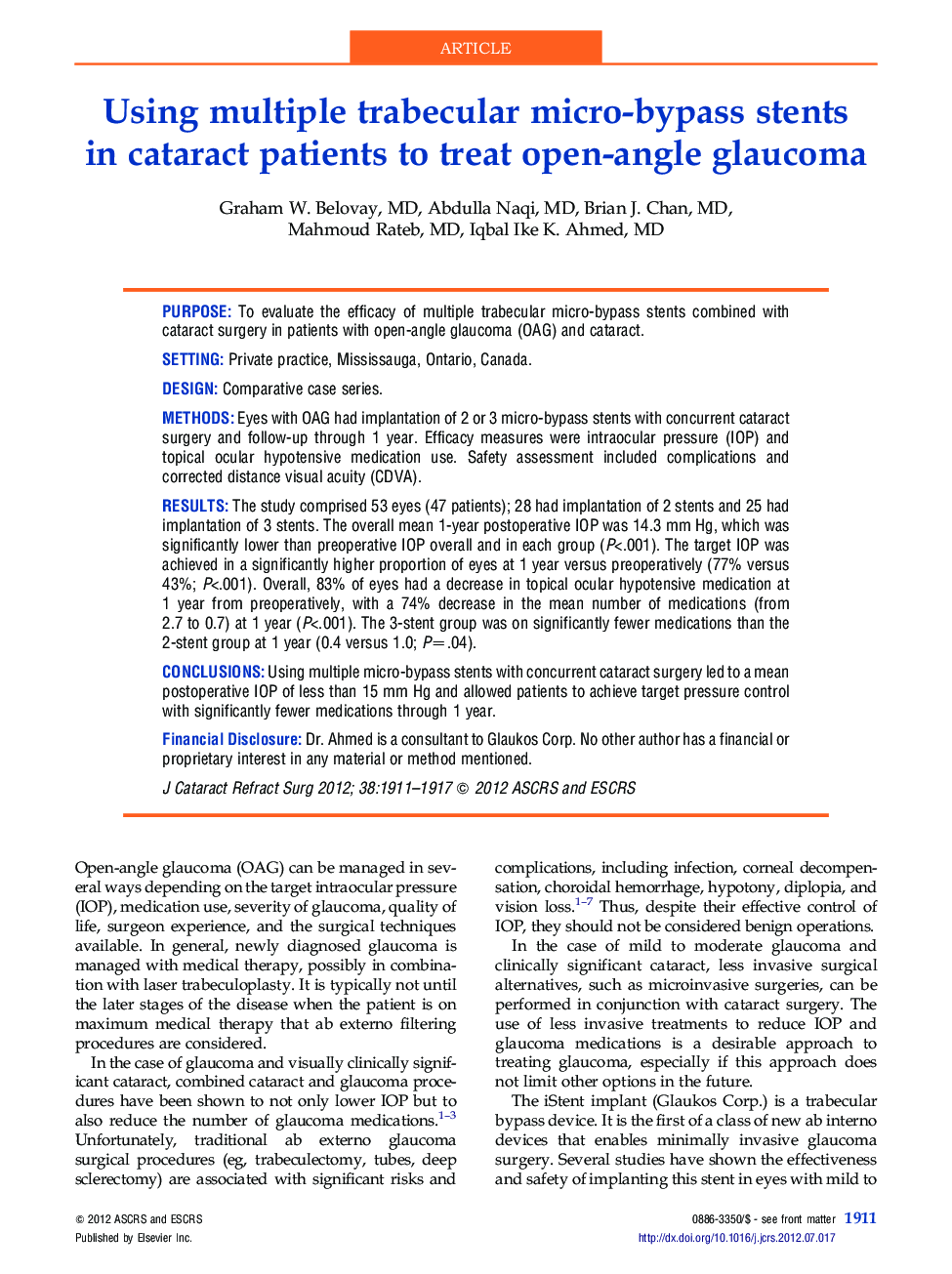 Using multiple trabecular micro-bypass stents in cataract patients to treat open-angle glaucoma
