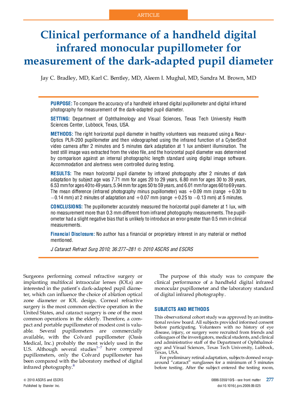 Clinical performance of a handheld digital infrared monocular pupillometer for measurement of the dark-adapted pupil diameter