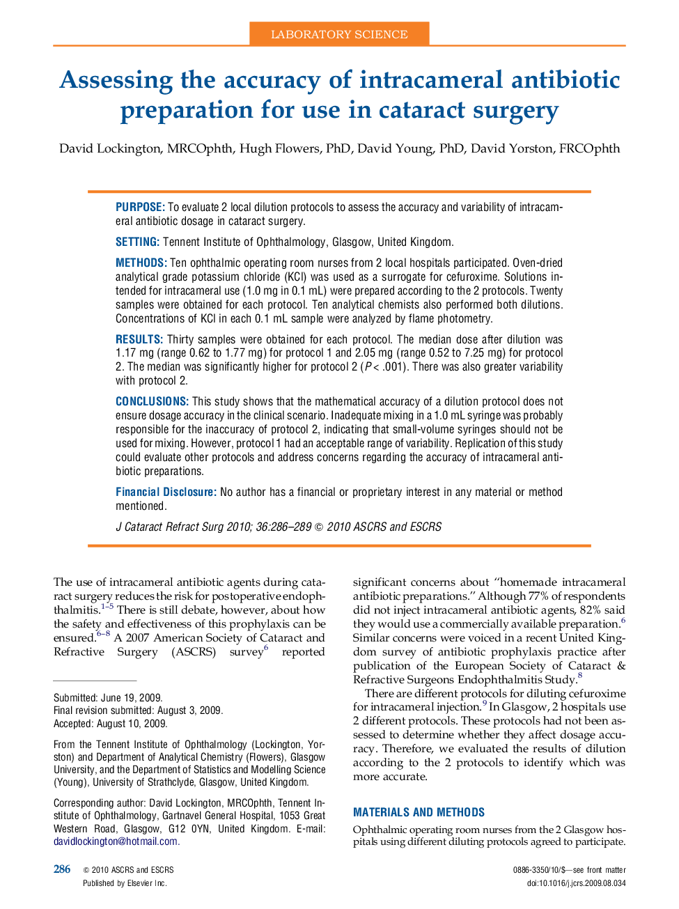 عکس صفحه اول مقاله: Assessing the accuracy of intracameral antibiotic preparation for use in cataract surgery Assessing the accuracy of intracameral antibiotic preparation for use in cataract surgery