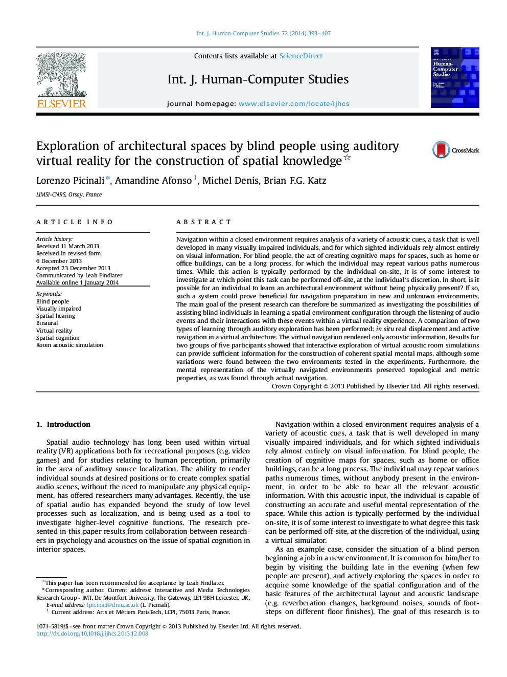 Exploration of architectural spaces by blind people using auditory virtual reality for the construction of spatial knowledge 