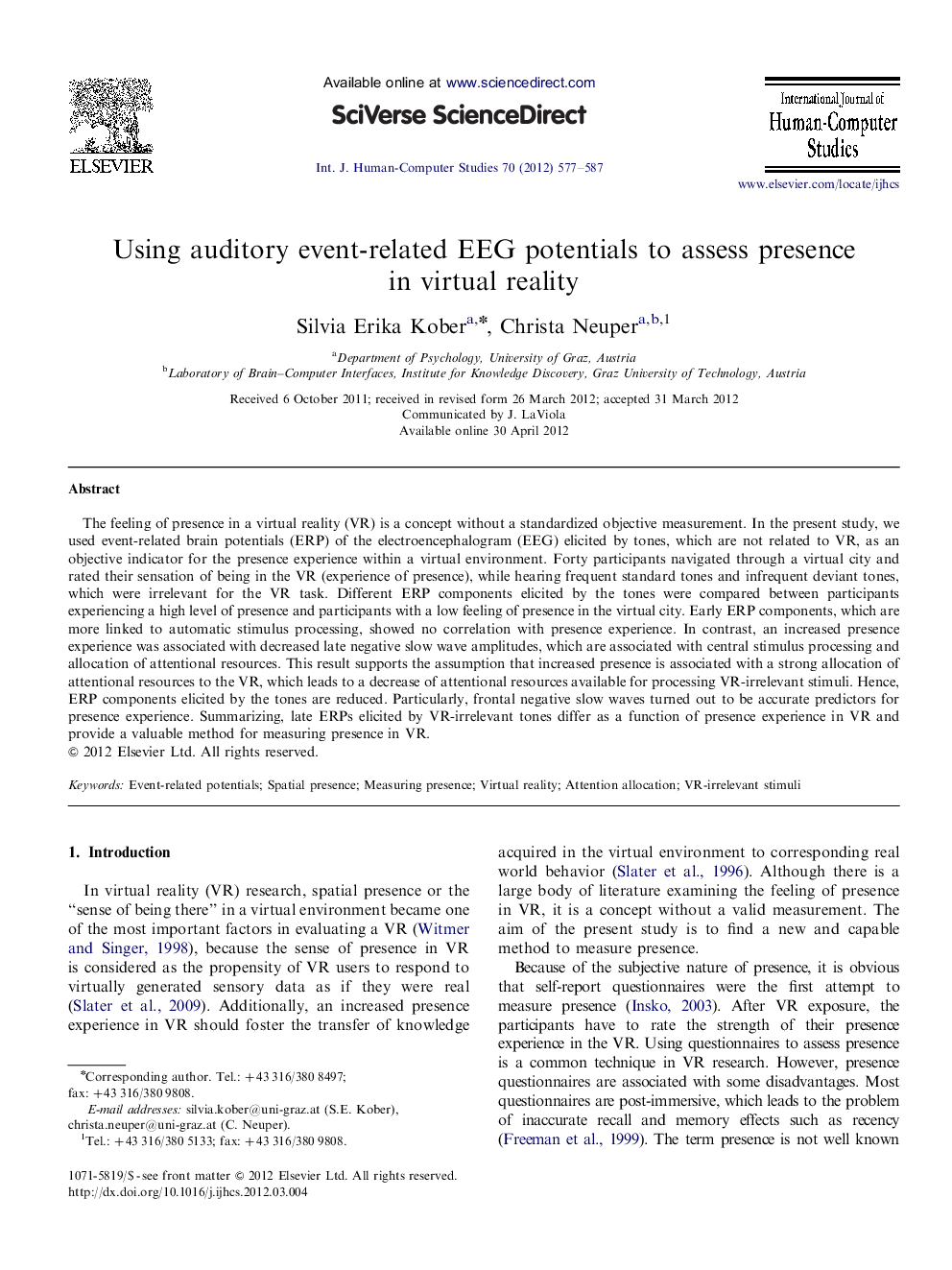 Using auditory event-related EEG potentials to assess presence in virtual reality