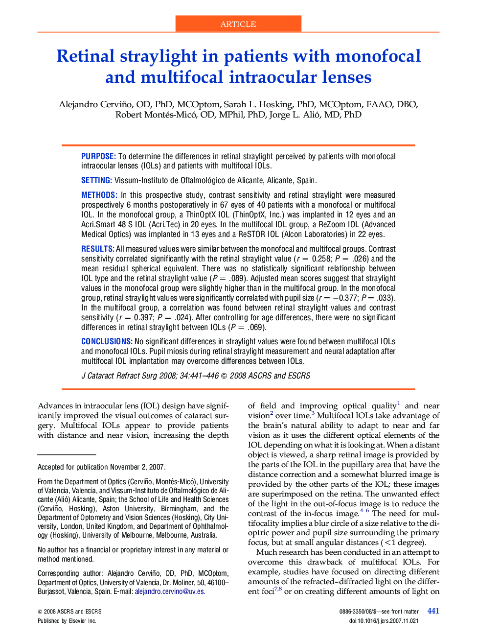 عکس صفحه اول مقاله: Retinal straylight in patients with monofocal and multifocal intraocular lenses Retinal straylight in patients with monofocal and multifocal intraocular lenses