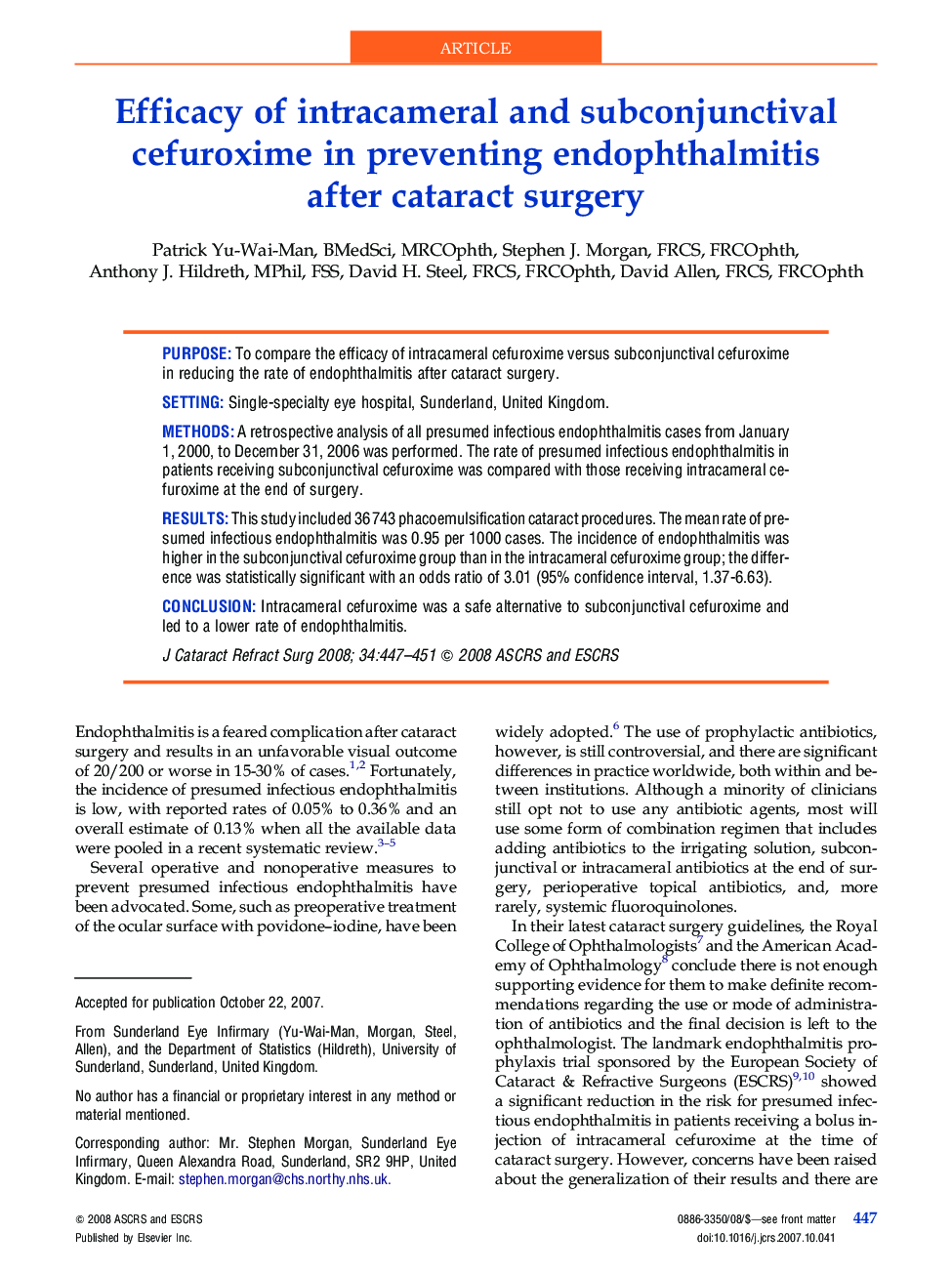 عکس صفحه اول مقاله: Efficacy of intracameral and subconjunctival cefuroxime in preventing endophthalmitis after cataract surgery Efficacy of intracameral and subconjunctival cefuroxime in preventing endophthalmitis after cataract surgery