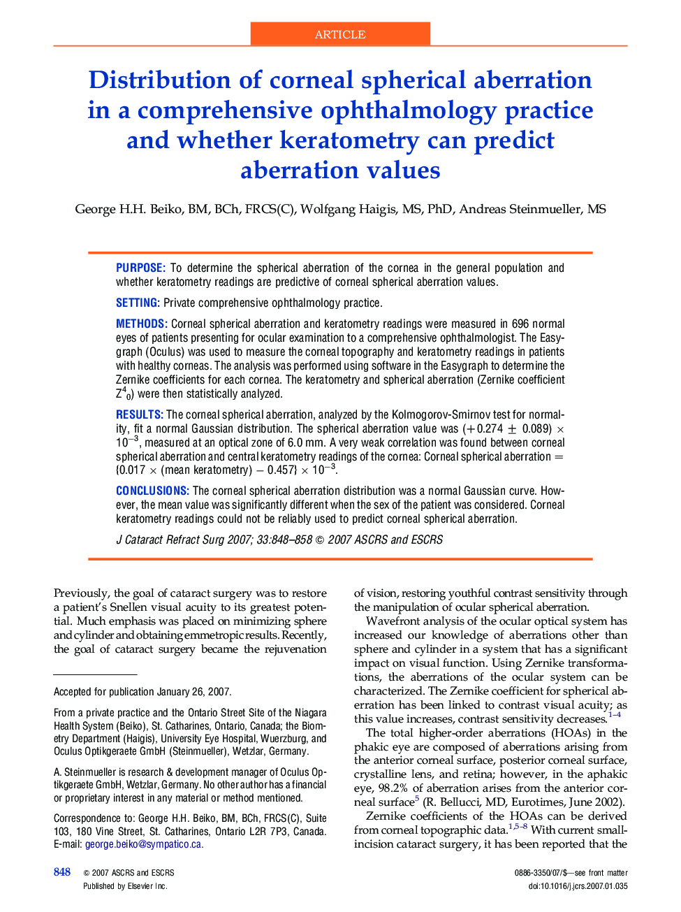 عکس صفحه اول مقاله: Distribution of corneal spherical aberration in a comprehensive ophthalmology practice and whether keratometry can predict aberration values Distribution of corneal spherical aberration in a comprehensive ophthalmology practice and whether keratometry can predict aberration values