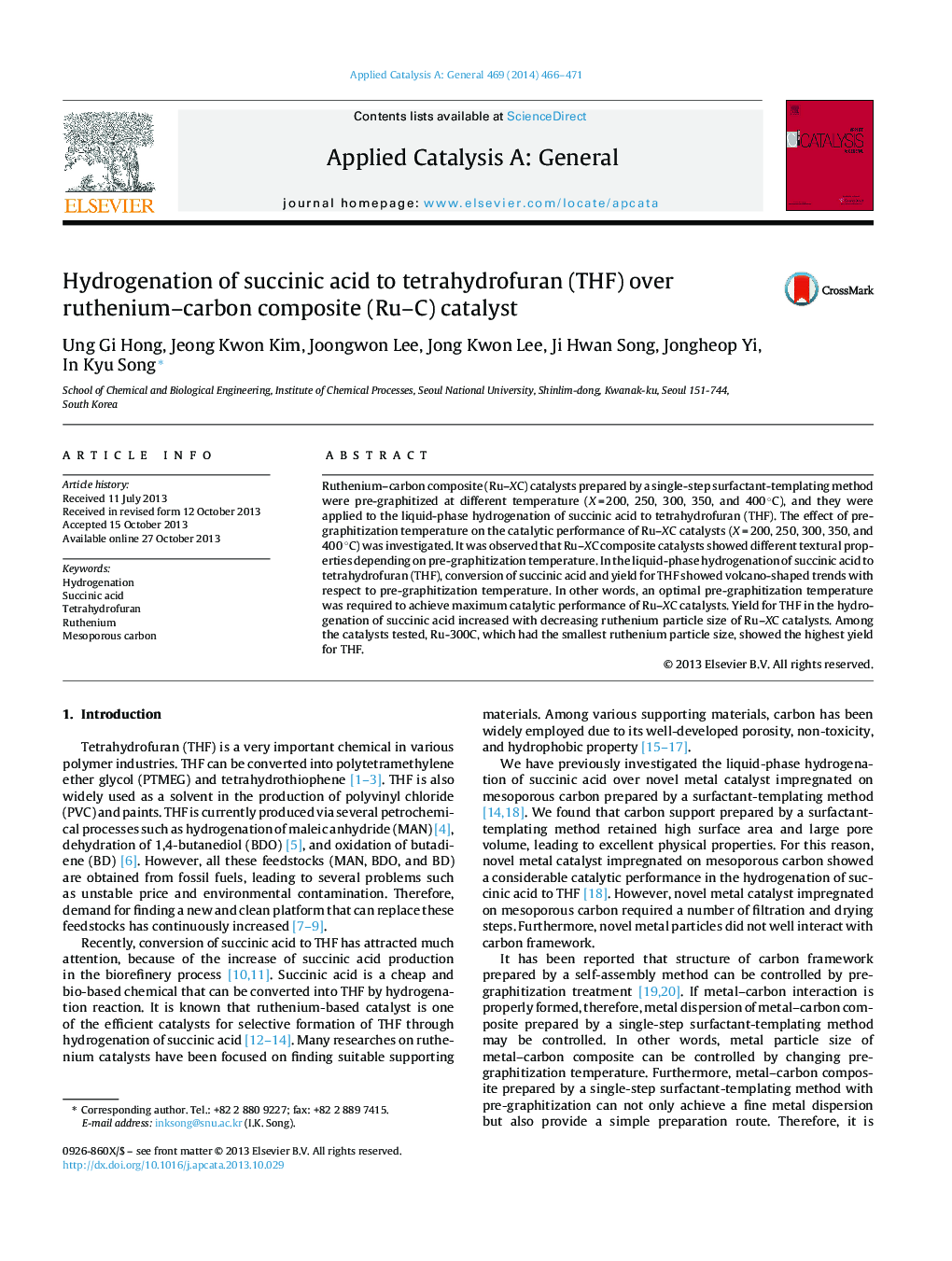 Hydrogenation of succinic acid to tetrahydrofuran (THF) over ruthenium–carbon composite (Ru–C) catalyst