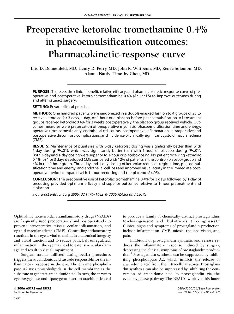 Preoperative ketorolac tromethamine 0.4% in phacoemulsification outcomes: Pharmacokinetic-response curve