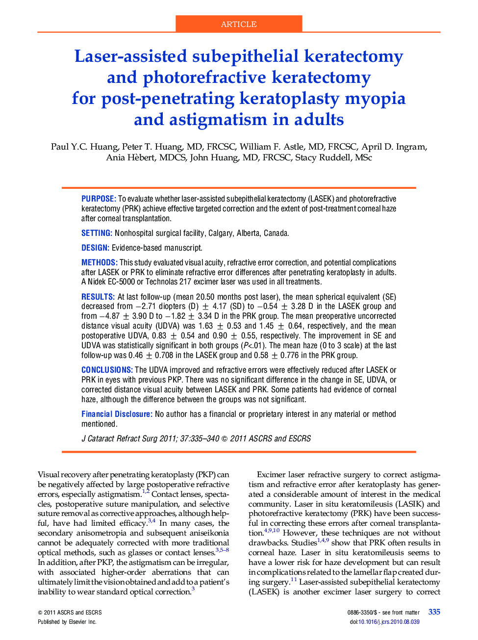 Laser-assisted subepithelial keratectomy and photorefractive keratectomy for post-penetrating keratoplasty myopia and astigmatism in adults