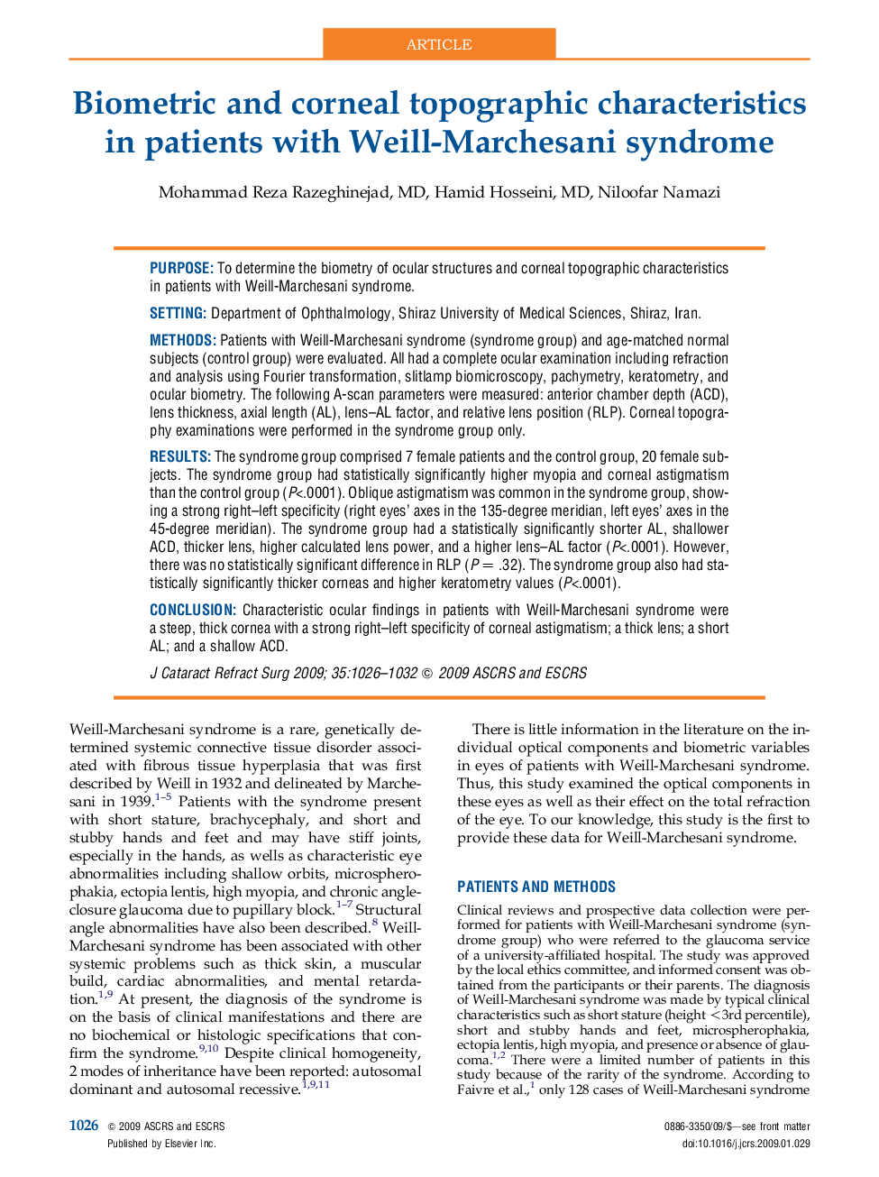 Biometric and corneal topographic characteristics in patients with Weill-Marchesani syndrome