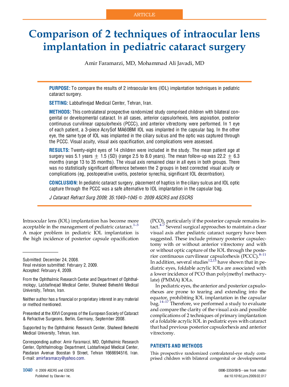 Comparison of 2 techniques of intraocular lens implantation in pediatric cataract surgery