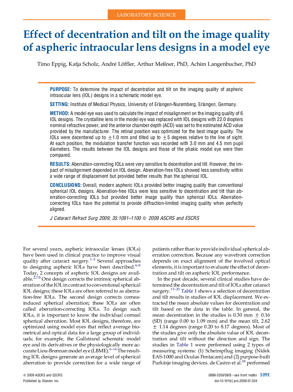 Effect of decentration and tilt on the image quality of aspheric intraocular lens designs in a model eye