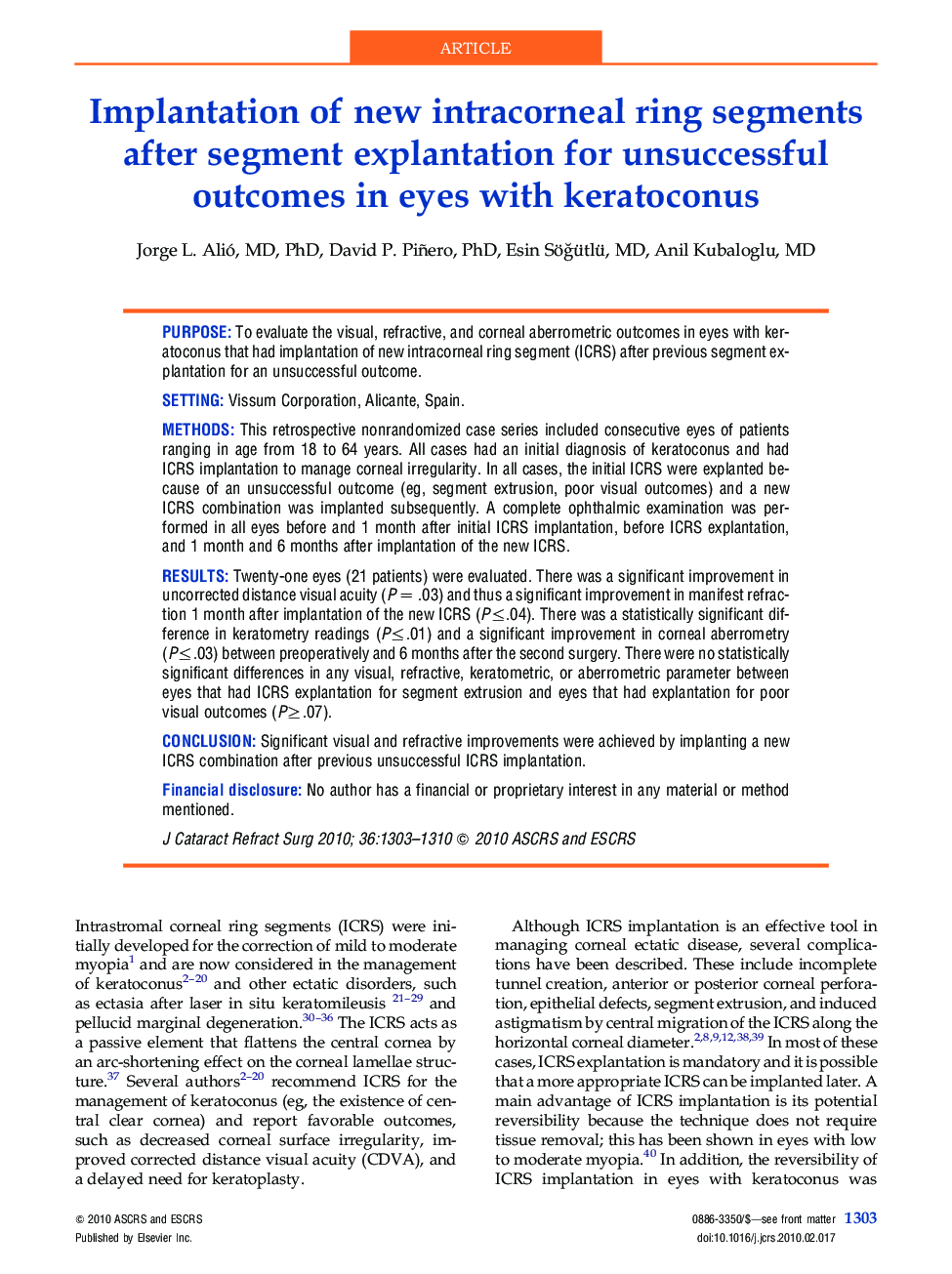 Implantation of new intracorneal ring segments after segment explantation for unsuccessful outcomes in eyes with keratoconus