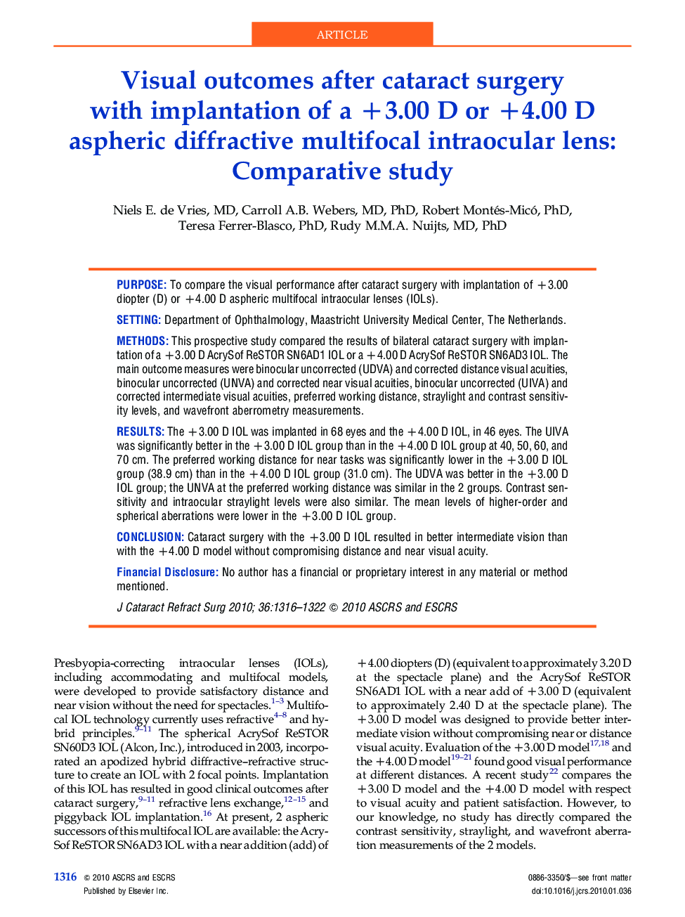 Visual outcomes after cataract surgery with implantation of a +3.00 D or +4.00 D aspheric diffractive multifocal intraocular lens: Comparative study