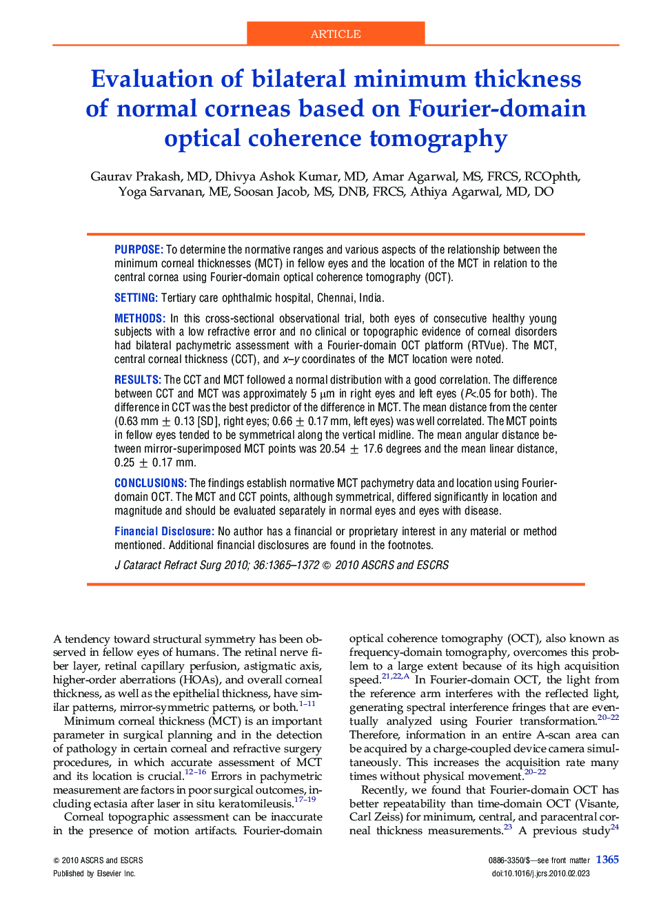 Evaluation of bilateral minimum thickness of normal corneas based on Fourier-domain optical coherence tomography 
