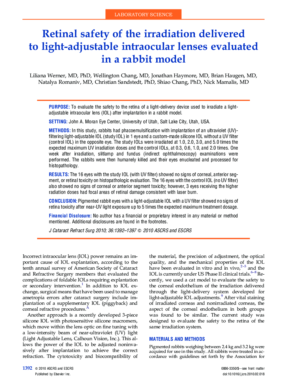 Retinal safety of the irradiation delivered to light-adjustable intraocular lenses evaluated in a rabbit model