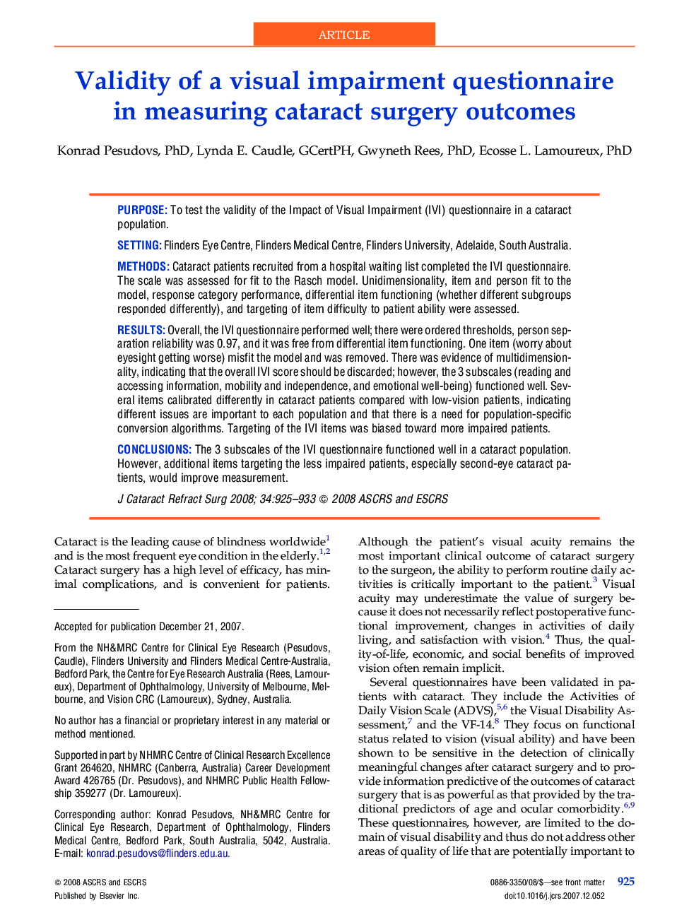 Validity of a visual impairment questionnaire in measuring cataract surgery outcomes