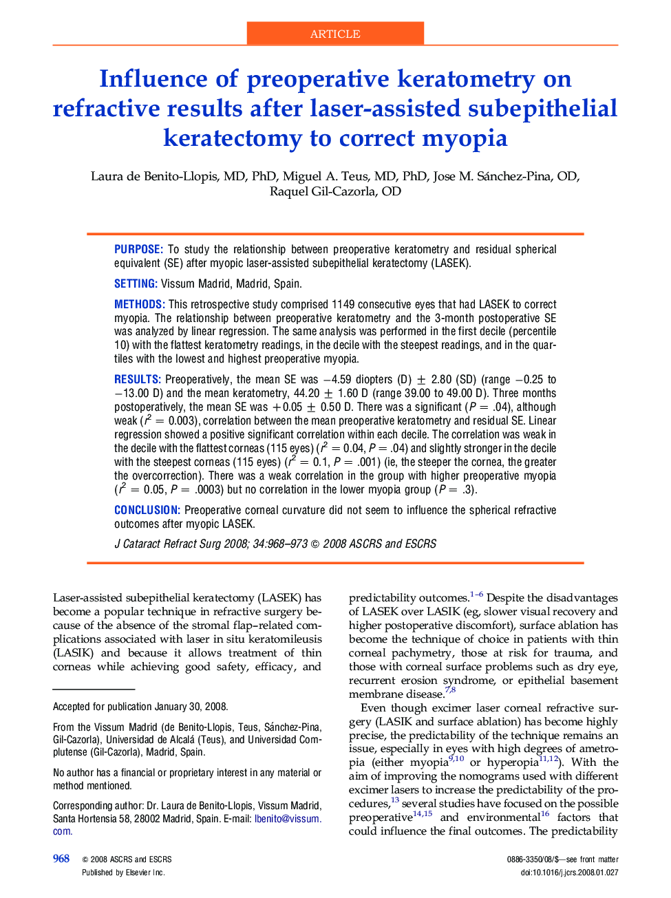 Influence of preoperative keratometry on refractive results after laser-assisted subepithelial keratectomy to correct myopia