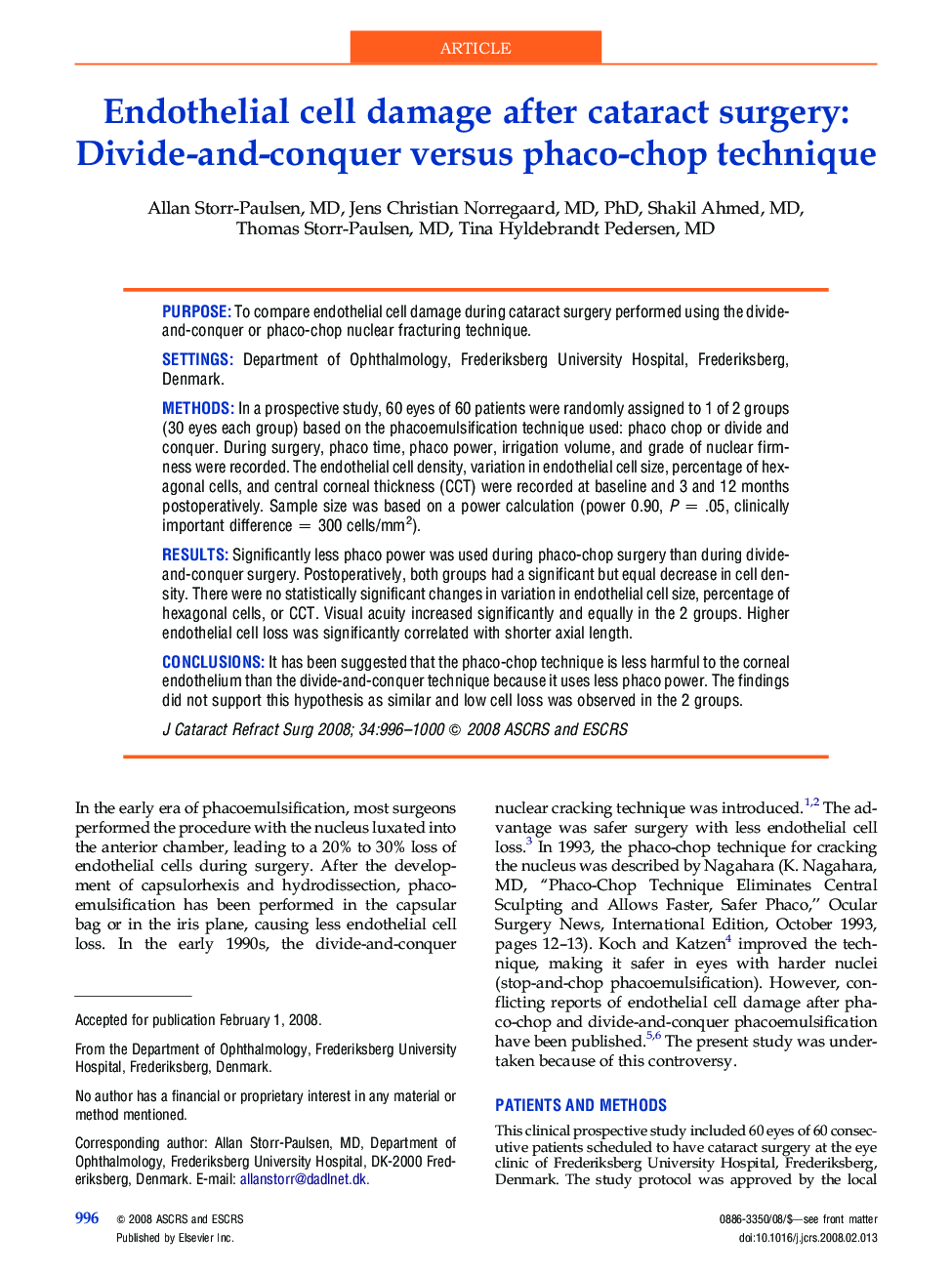Endothelial cell damage after cataract surgery: Divide-and-conquer versus phaco-chop technique