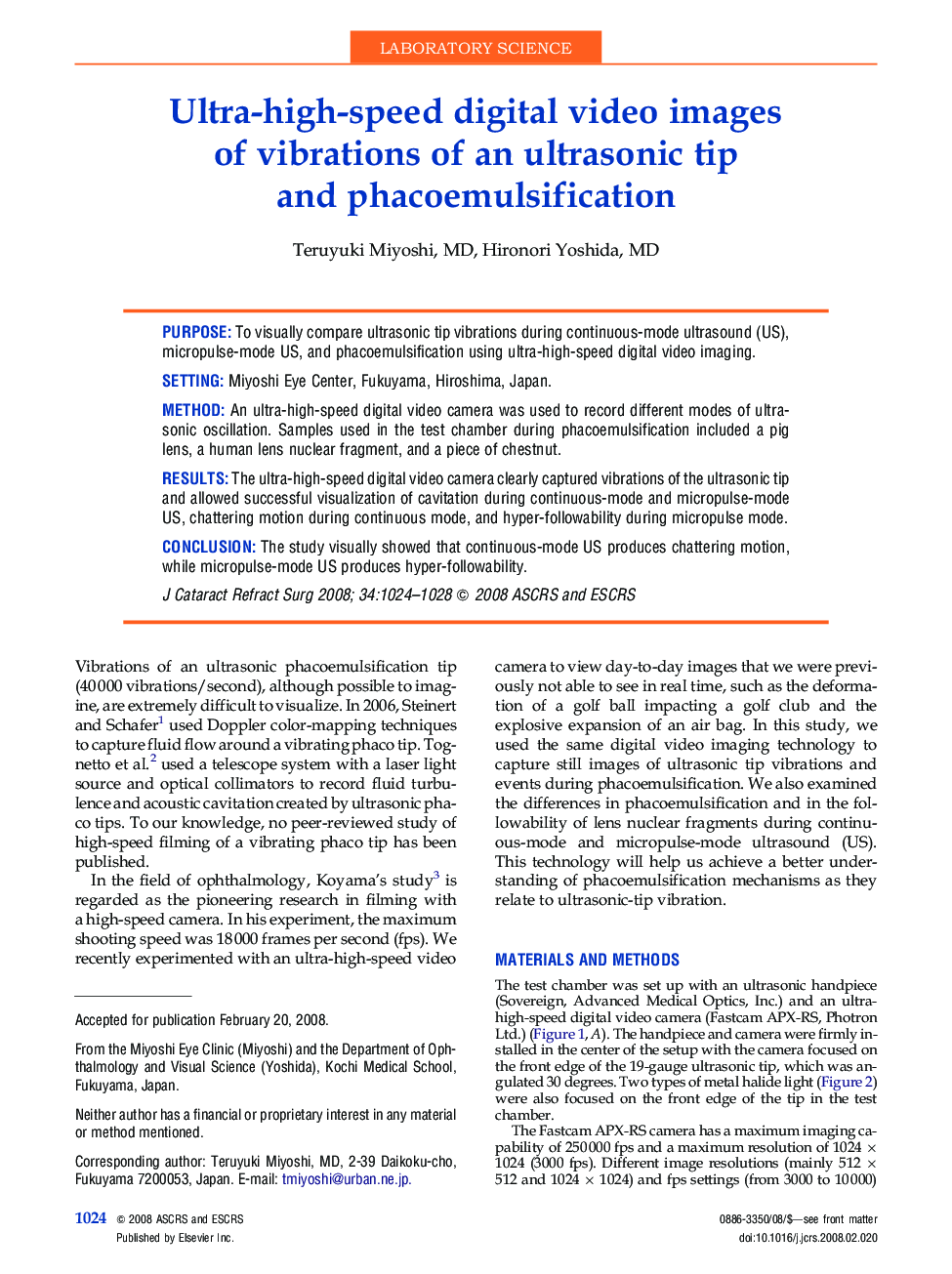 Ultra-high-speed digital video images of vibrations of an ultrasonic tip and phacoemulsification