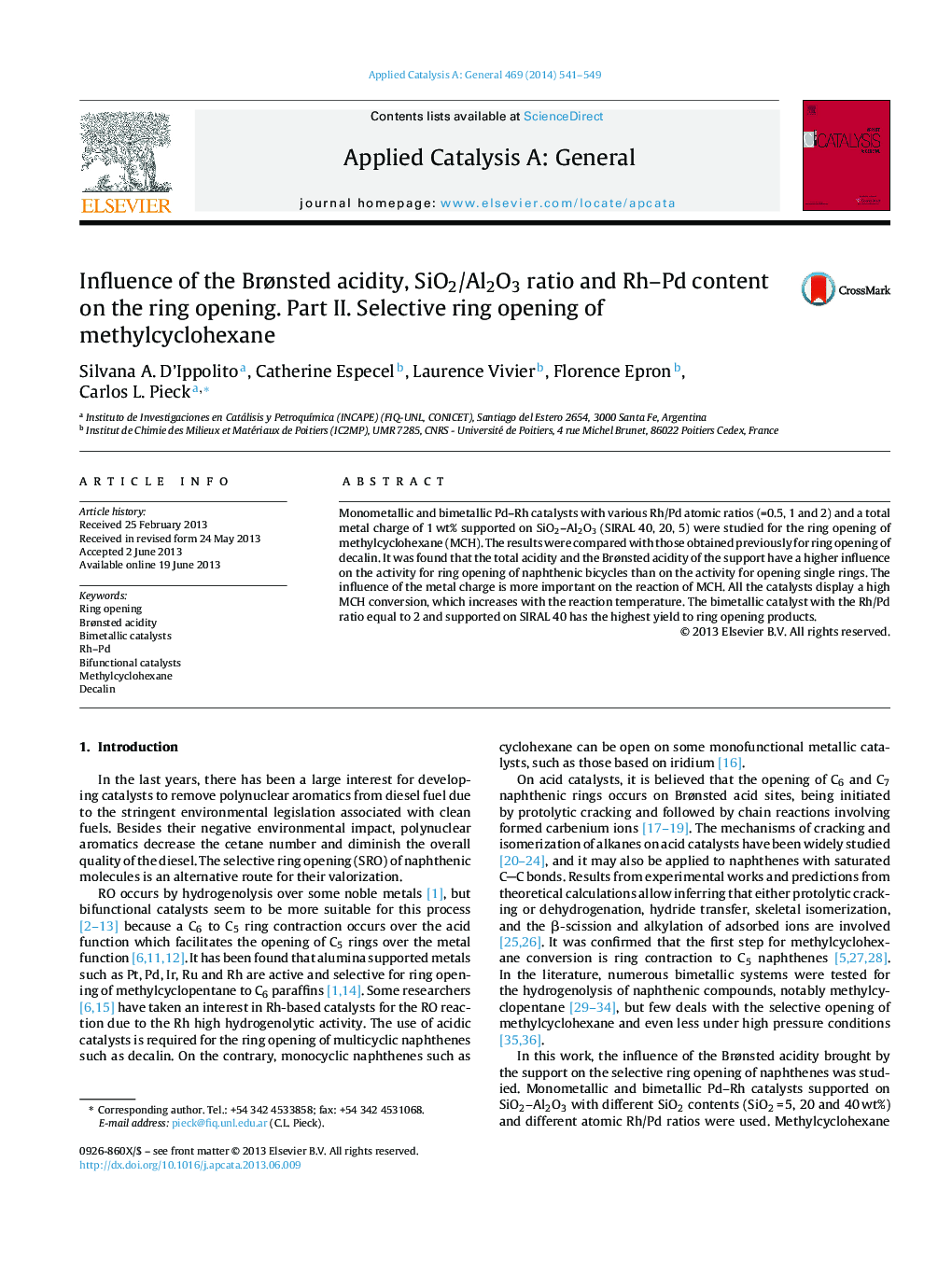 Influence of the Brønsted acidity, SiO2/Al2O3 ratio and Rh–Pd content on the ring opening. Part II. Selective ring opening of methylcyclohexane