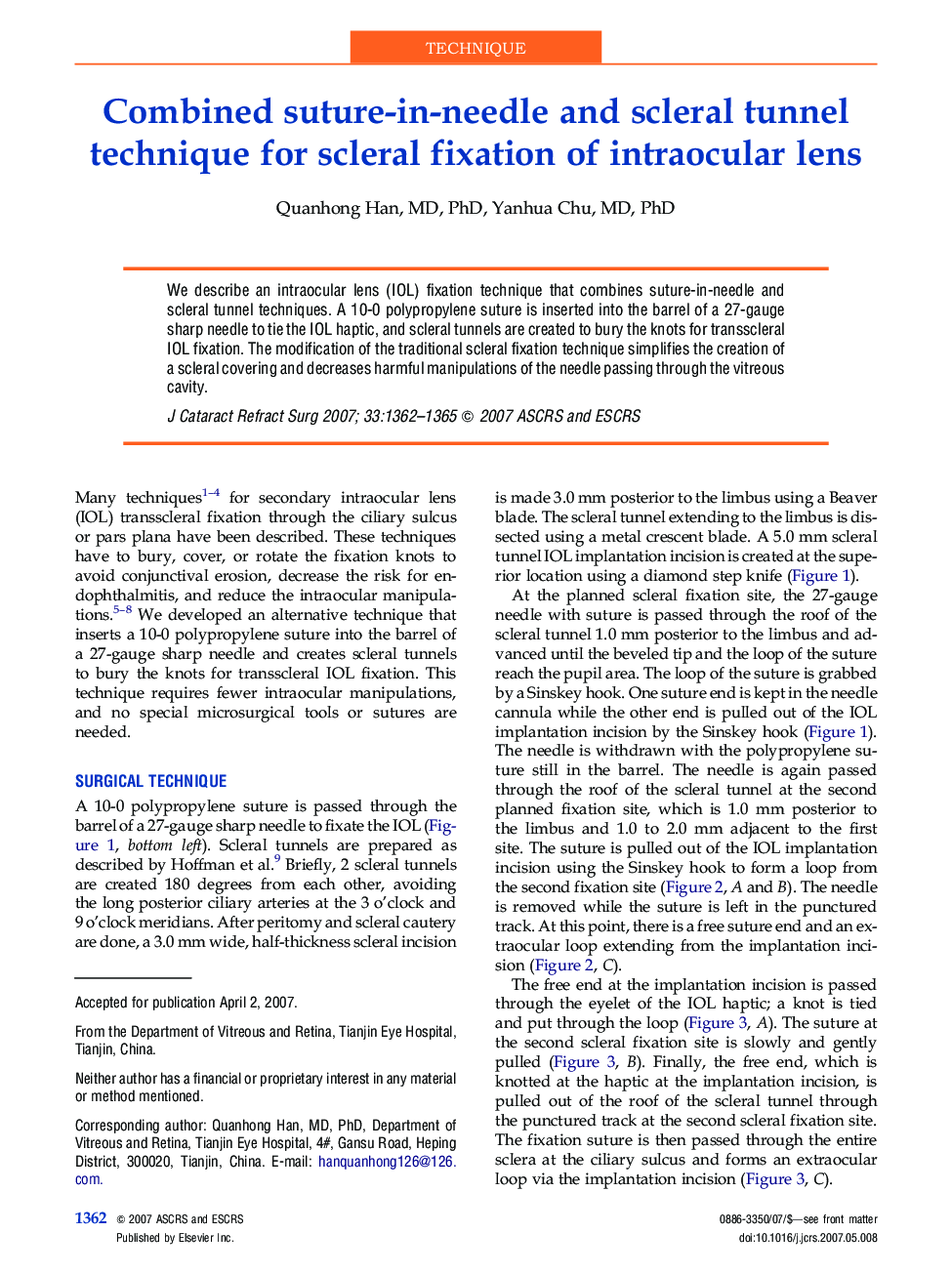 Combined suture-in-needle and scleral tunnel technique for scleral fixation of intraocular lens 
