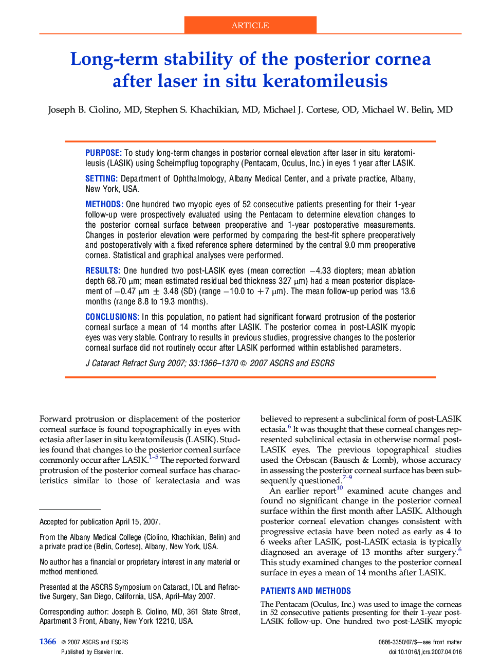Long-term stability of the posterior cornea after laser in situ keratomileusis