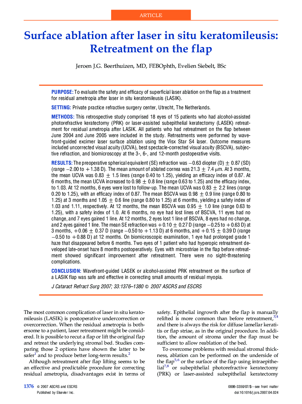 عکس صفحه اول مقاله: Surface ablation after laser in situ keratomileusis: Retreatment on the flap Surface ablation after laser in situ keratomileusis: Retreatment on the flap