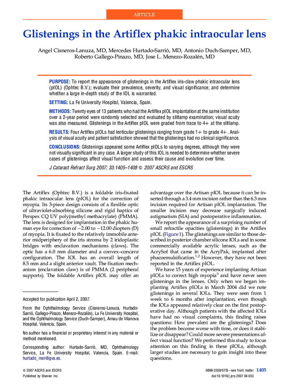 Glistenings in the Artiflex phakic intraocular lens