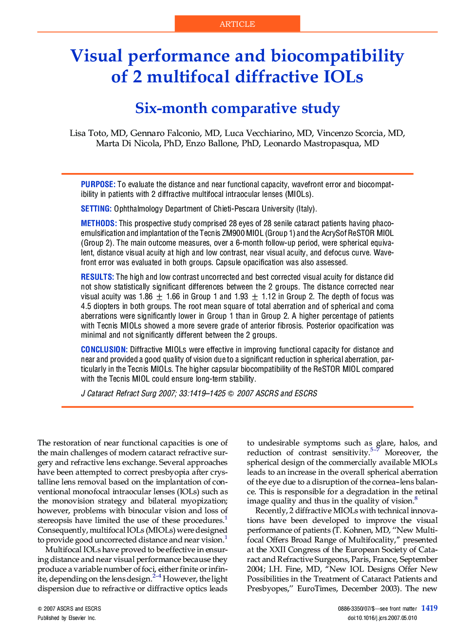 Visual performance and biocompatibility of 2 multifocal diffractive IOLs