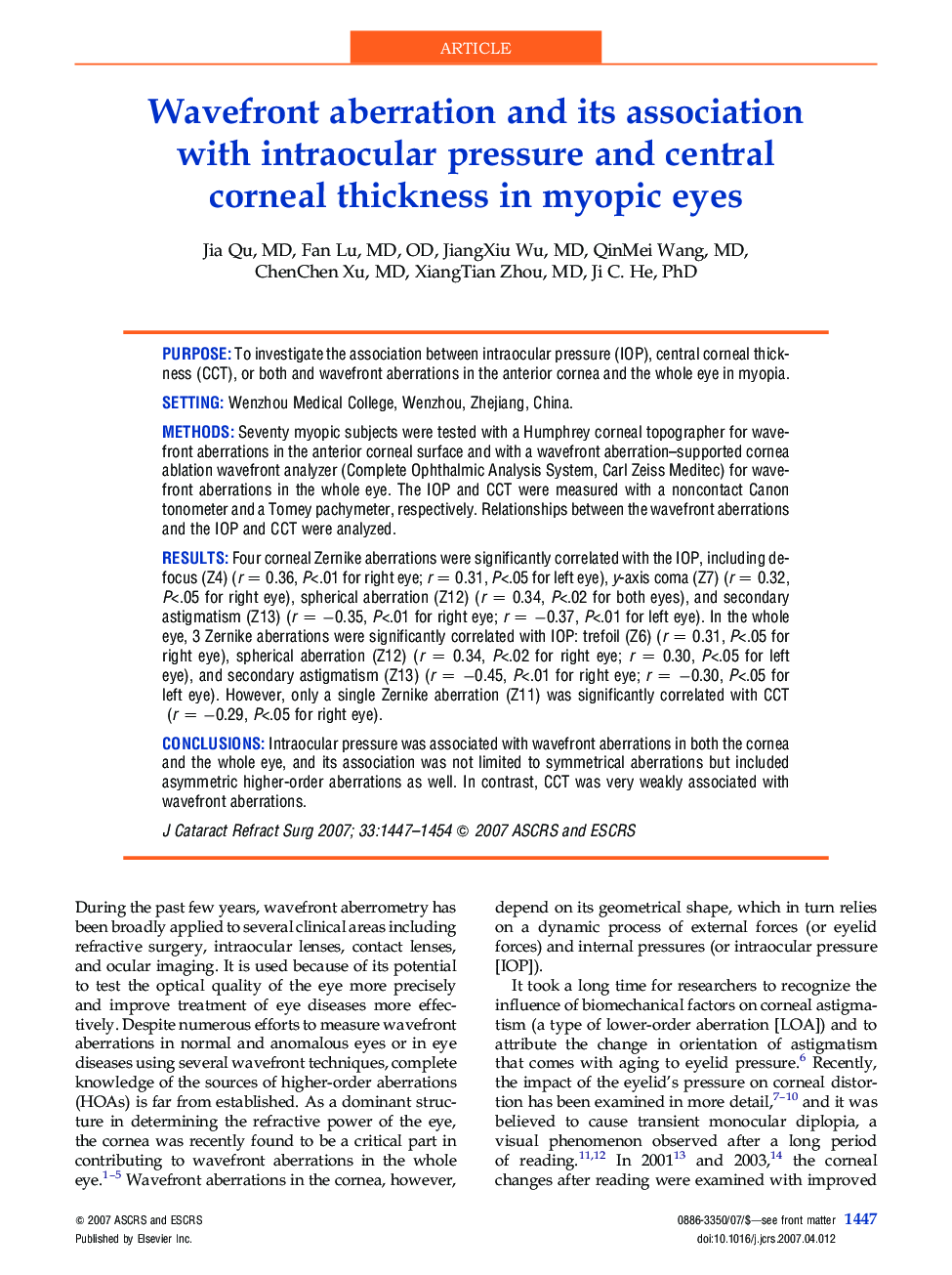 عکس صفحه اول مقاله: Wavefront aberration and its association with intraocular pressure and central corneal thickness in myopic eyes Wavefront aberration and its association with intraocular pressure and central corneal thickness in myopic eyes