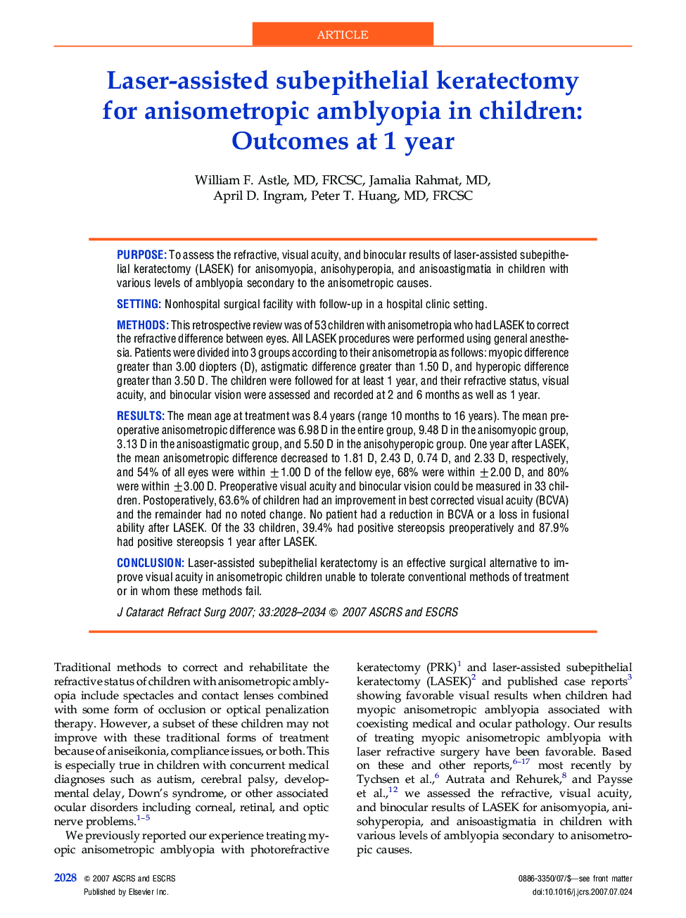 Laser-assisted subepithelial keratectomy for anisometropic amblyopia in children: Outcomes at 1 year