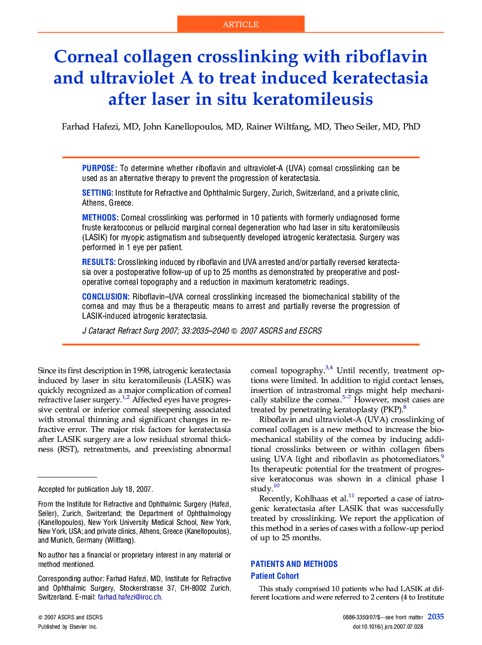 Corneal collagen crosslinking with riboflavin and ultraviolet A to treat induced keratectasia after laser in situ keratomileusis