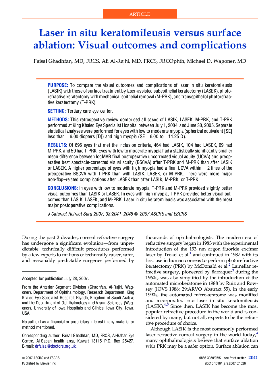 Laser in situ keratomileusis versus surface ablation: Visual outcomes and complications 