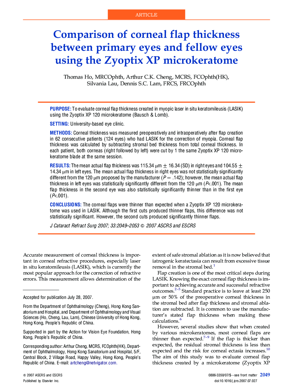 Comparison of corneal flap thickness between primary eyes and fellow eyes using the Zyoptix XP microkeratome