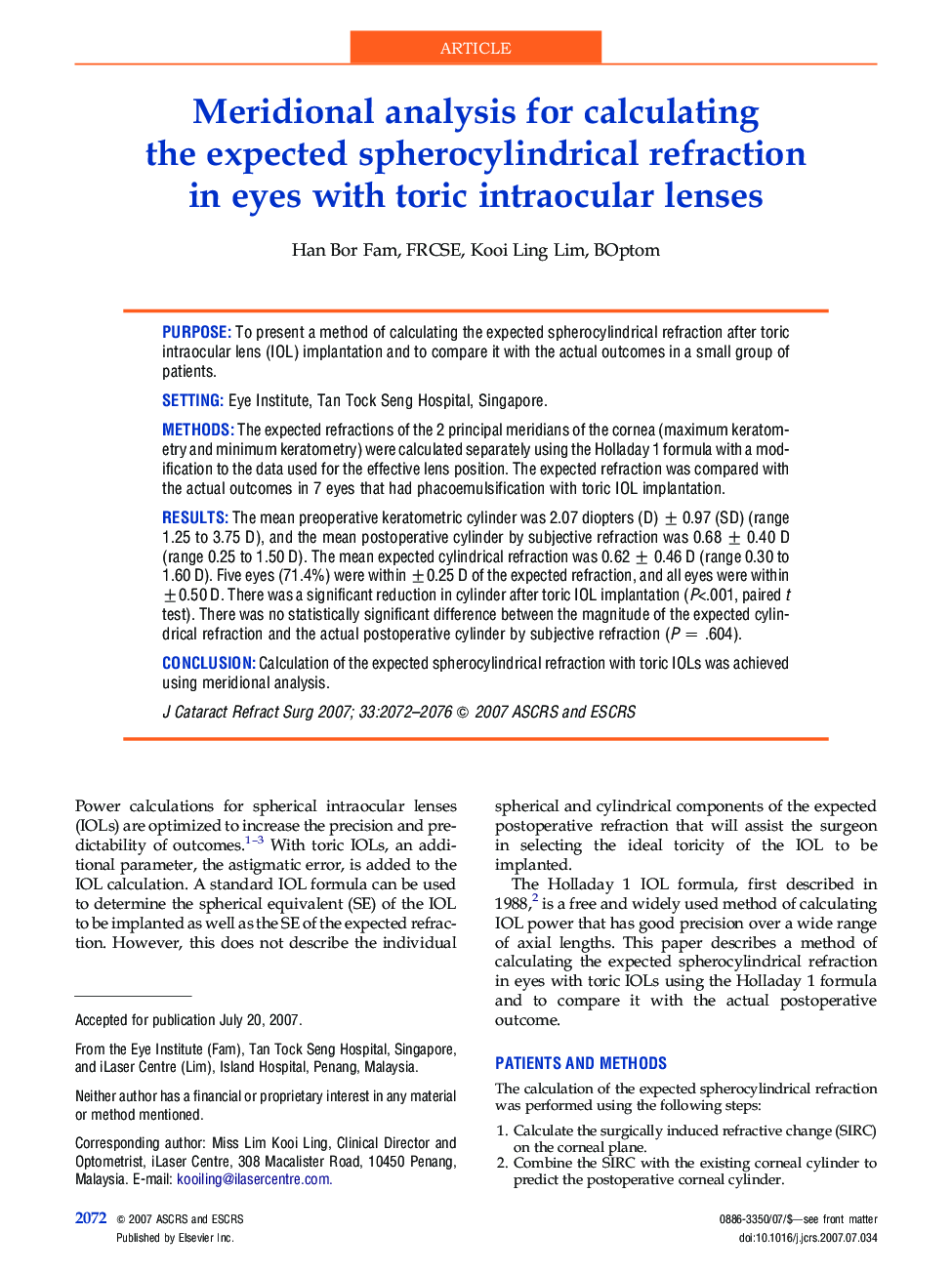 Meridional analysis for calculating the expected spherocylindrical refraction in eyes with toric intraocular lenses