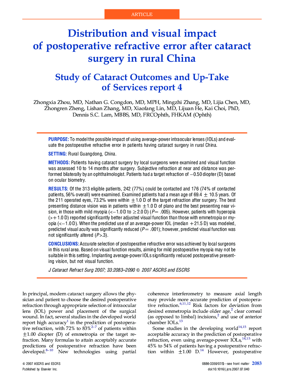 Distribution and visual impact of postoperative refractive error after cataract surgery in rural China