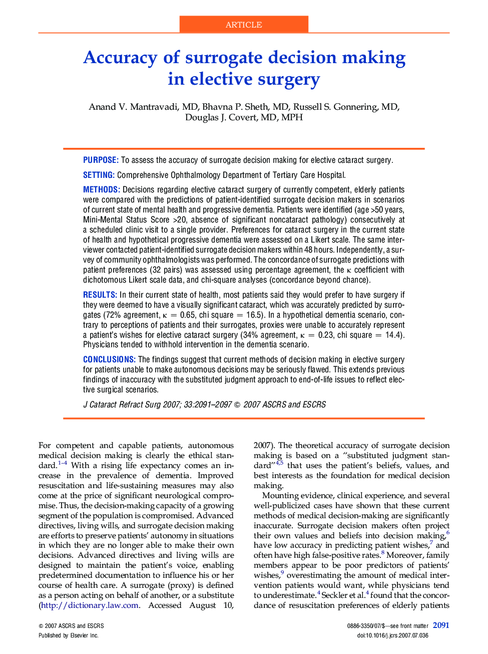 Accuracy of surrogate decision making in elective surgery